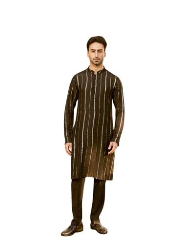 Image of See Designs Men Full Sleeve Chanderi Silk Sequins Mandarin Collar Side Slit Kurta With Pyjama
