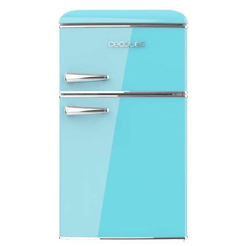 Cecotec Mini Nevera Retro 2 Puertas de 85 L Bolero CoolMarket 2D Origin 86 Blue. Mini frigorífico, LED interior, Tirador Cromado, Bandejas de Cristal, Abridor Botellines, Azul