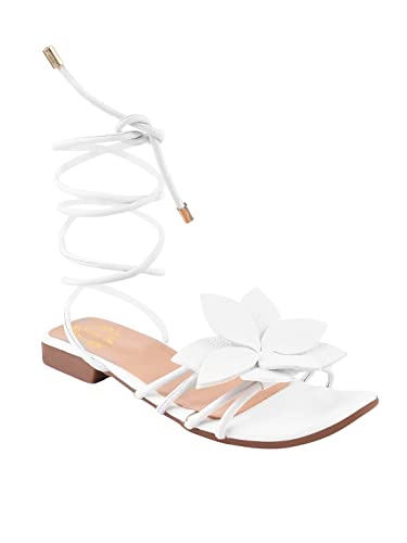 Image of Shoetopia Elegant Flat Sandals with Floral Detail | Chic Lace-Up Straps | Comfortable Summer Footwear for Women