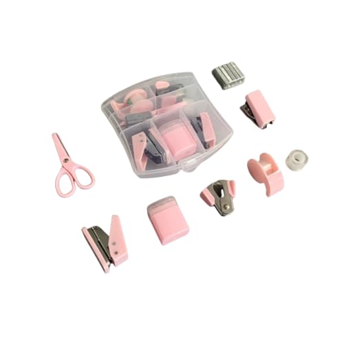 Kit de 8 piezas de suministros de oficina, bonito juego de accesorios de escritorio, juego de grapadora escolar, mini kit de suministros de oficina, estuche portátil con tijeras (rosa)