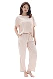 Picture of Silky/Satin Pajamas for Women Set Short Sleeve Shirt with Long Pjs Pant Set (Champagne, Medium)