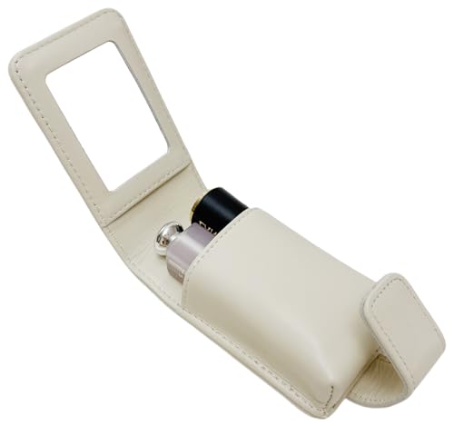 AgentMoon Luxury Handheld Lipstick Pouch with Mirror,Genuine Leather Lip Balm Case with Clamshell Magnetic Hidden Clasp,Exquisite Travel Makeup Lipstick Case. 4.1x2.3x1.8 inches (Off-white)