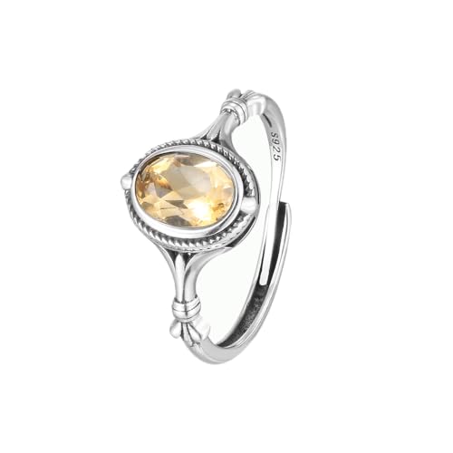 AZfilter Anillo de plata de ley S925 con citrino de 7 x 5 mm, piedra preciosa dorada ovalada, piedra natal de noviembre, joyería ajustable, riqueza y confianza y creatividad para mujeres, plata de ley