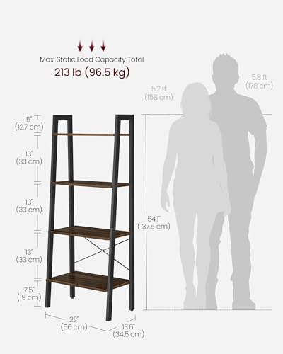 VASAGLE Ladder Shelf, 4-Tier Bookshelf, Storage Rack, Bookcase with Steel Frame, for Living Room, Home Office, Kitchen, Bedroom, Industrial Style, Hickory Brown and Ink Black ULLS44BF