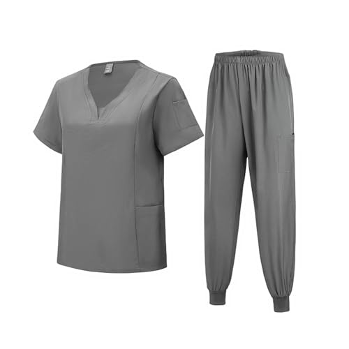 Meichoon Medical Scrubs Set Cuello en V Ligero y Elástico que absorbe el sudor Pantalones con bolsillos Grooming Pet DK06 Gris X-Large