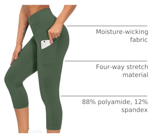 Image of THE GYM PEOPLE Thick High Waist Capris Yoga Pants with Pockets, Tummy Control Workout Running Yoga Leggings for Women