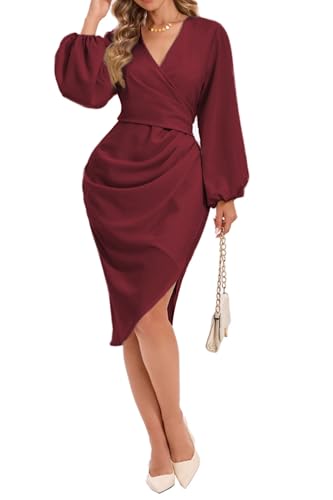 Image of Women's Wrap V Neck Asymmetrical Hem Midi Ruched Cocktail Evening Dress | Back Zipper, Regular Fit, Club Night, Semi Office Formal, Wedding Dinner Date, Flutter Short Sleeve, High Low Irregular Hem