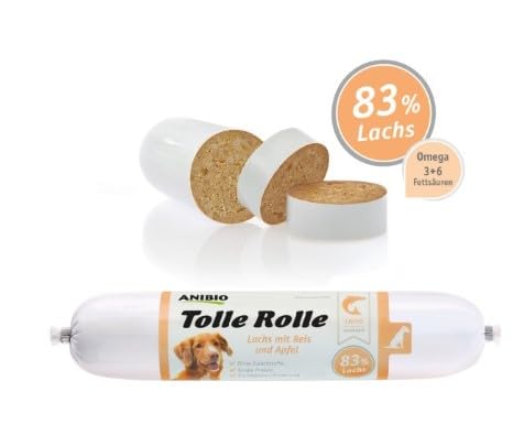 Anibio 8 x Tolle Rolle Lachs 400g | Single Protein | Nassfutter für Hunde | mit Reis und Apfel | 83% Lachs ohne Kopf und Innereien | Glutenfrei | Ohne Zusatzstoffe | Geprüfte Qualität