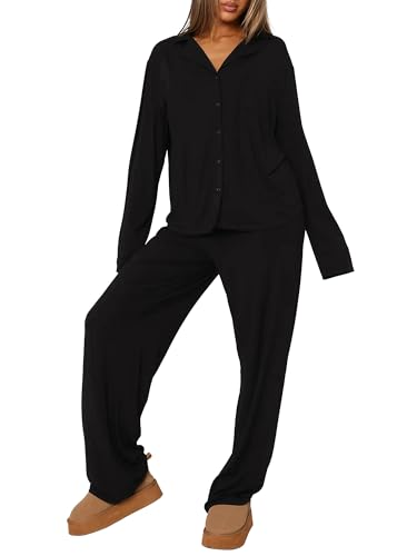 REORIA Funny Halloween Pajamas Women Button Up 2 Piece Pajama Set Sleepwear Black Medium