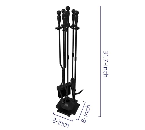 Kingson 5 Pcs Fireplace Tools Sets Heavy Duty Wrought Iron Large Fire Tool Set and Holder Outdoor Fireplace Tools Black