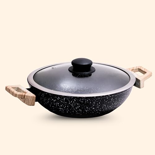 Image of kyyte CosmoTein Die Cast Non Stick Kadhai with Glass Lid 20 cm Dia 1.6L,Curry,Dal,Nonstick Kadai Wok with 5 Layer Coating,Gas &Induction Stove Friendly,Dishwasher Safe,PFOA&PFOS Free, Safe&Toxic-Free.