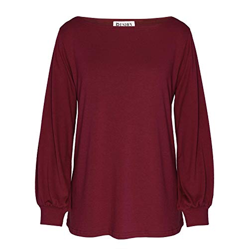 Womens Burgundy Long Puff Sleeves Tops Boat Neck Shirt Loose Tunics Tees, Burgundy Xx-Large #TOP1