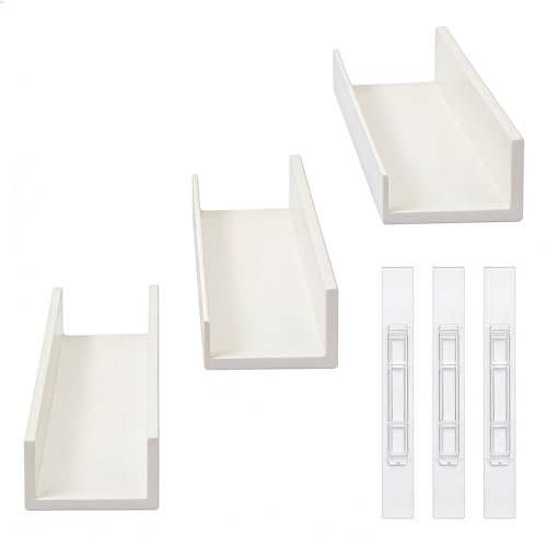 Ausphexion 3 Pack Floating Shelves Self-Adhesive No Drill, Modern White Wall Mounted Floating Shelf, Suitable for Bedroom, Living Room, Bathroom, Kitchen