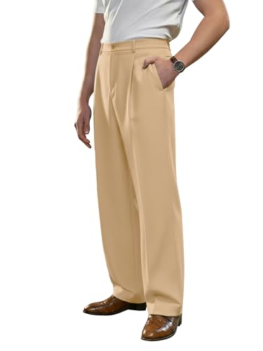 PLEPAN Mens Casual Dress Pants Pleated Baggy Wide Leg Relaxed Fit Slacks Expandable Waist Trousers Khaki X-Large