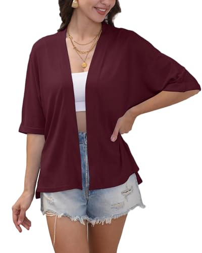 Women\'s Kimono-Style Short-Sleeve Cardigan Lightweight Summer Outerwear Light and Loose Fit Burgundy XXL