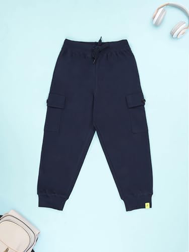 Image of KiddoPanti Boys Cotton Joggers | 100% Cotton Single Jersey | 2 Side Cargo Pockets with Flap | Elasticated Waist Band with Functional Drawcord | Soft & Breathable Track Pants
