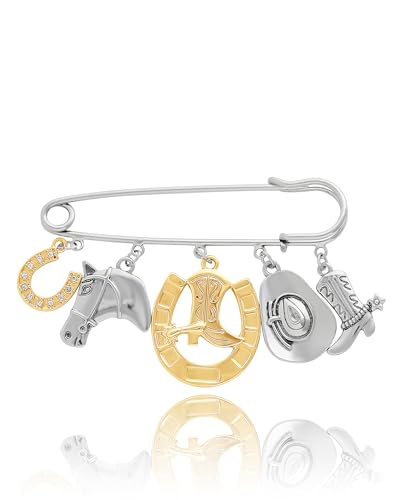 Jessica Simpson Western Charms Pin Brooch with Mini Crystal Accents, Silver and Gold-Tone Lapel Pin with 5 Dangling Cowgirl Charms