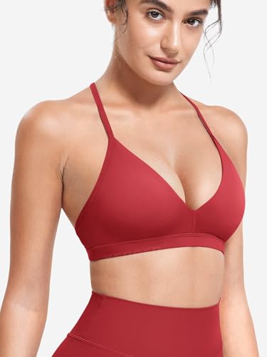 Image of YEOREO CoreFlex Sports Bras for Women Strappy Padded Halter Open Back Light Impact Deep V Neck Yoga Workout Gym Tops