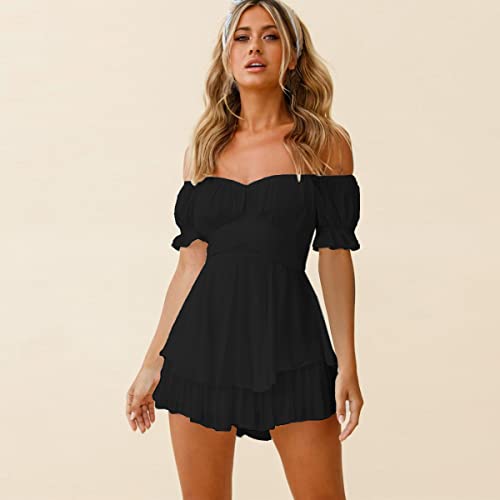 FYMNSI Pirate Costume Women Sexy Off Shoulder Romper Mini Dress Outfit Short Sleeve Ruffle One-piece Jumpsuit Playsuits Adult Halloween Carnival Renaissance Party Cosplay Black XL - Image 3