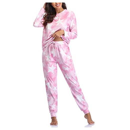 Evelife Dam batikfärgad tryckt pyjamas långärmad rund hals topp och byxor med elastisk midja och fickor tvådelad loungekläder