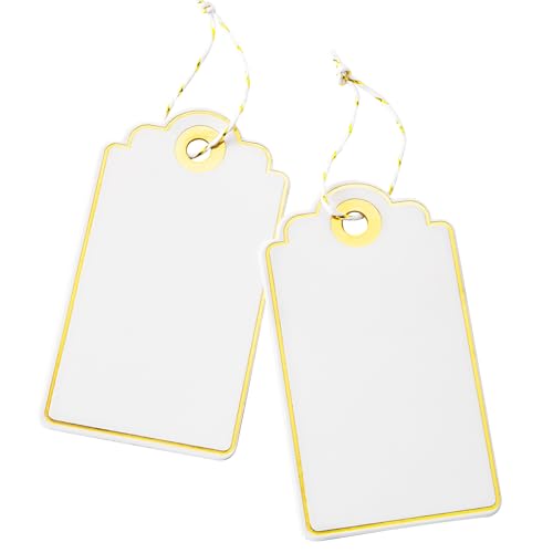 SUNCOLOR 100 PCS 3.5 x 2 Inches White Paper Gift Tags with String for Christmas Wedding Party Favors