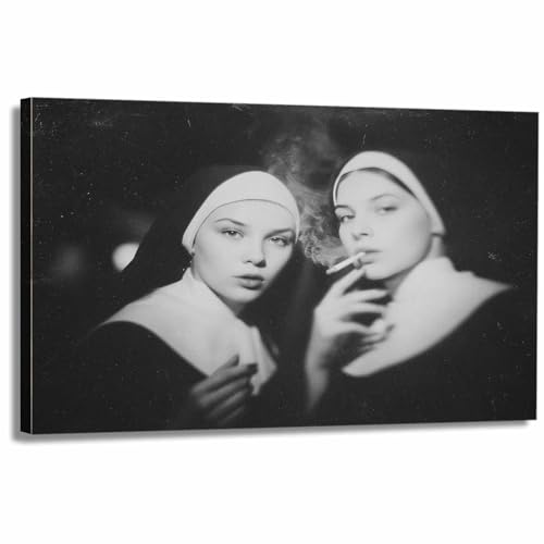 Vintage Black and White Photography Posters of Nuns Smoking Nostalgic