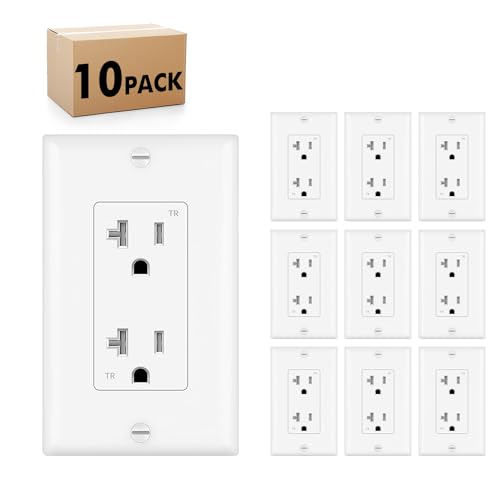 Micmi 20A Decorator Receptacle Outlet, Tamper Resistant, Decorative Electrical Receptacle Outlet, 20Amp 125 Volt, Grounding with Wall Plate UL Listed (10Pack, Snow White) 20 Amp Outlet Snow