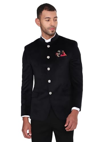 Image of MANQ Men Slim Fit Bandhgala Velvet Blazer - Mandarin Collar, Button Closure, Long Sleeves, Solid Ethnic Winter Wear with Three Pockets for Adults