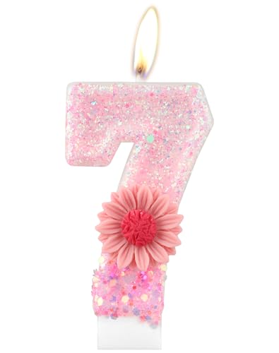 iNINGER Pink Number Birthday Candles, Pink Daisy Birthday Candle, Glitter Candle for Girls 7th Birthday, Baby Showers, Party Decorations
