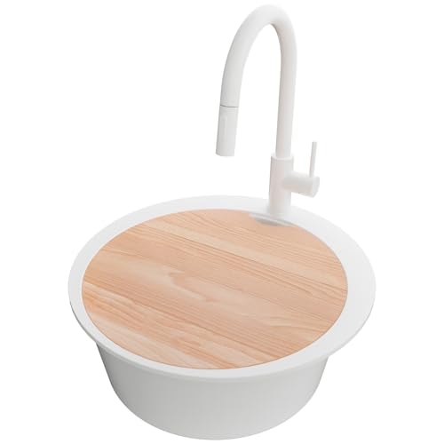 PRIMAGRAN Evier cuisine Granit Rond Tout Blanc 53x53cm, Evier 1 bac + Robinet 40x20cm + Set d’accessoires, Lavabo Cuisine au Meuble 50cm - Pise S056