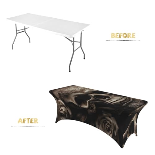 Nappe de table rectangulaire extensible élasthanne cuir tête de mort rose infroissable