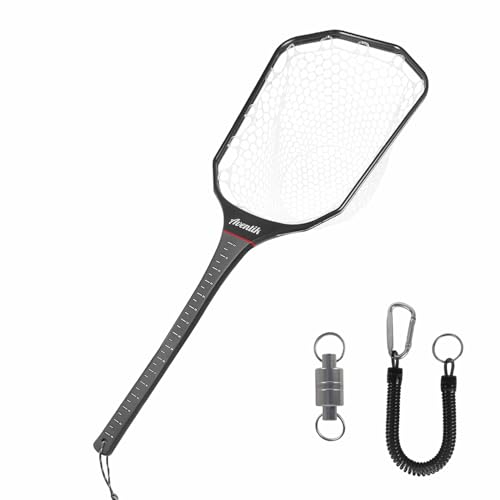 Aventik Floating Fly Fishing Net – Carbon Fiber Lightweight Landing Net with Clear Rubber Ghost Mesh for Trout – Catch and Release Friendly (Black with Long Handle)