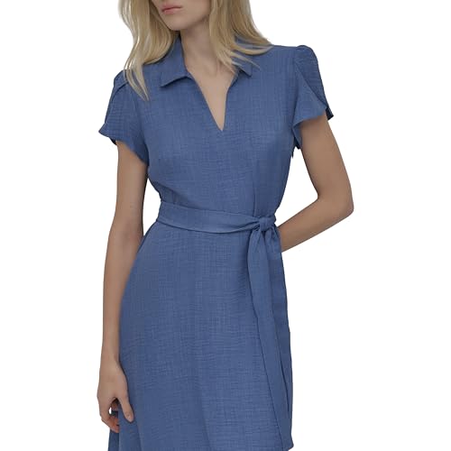 Image of DKNY Women's Short Sleeve Collared V-Neck Tie Waist Midi Dress