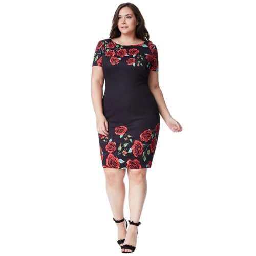 Goddiva Midi-Kleid mit Rosenmuster, Übergröße, Schwarz Gr. 44, Schwarz