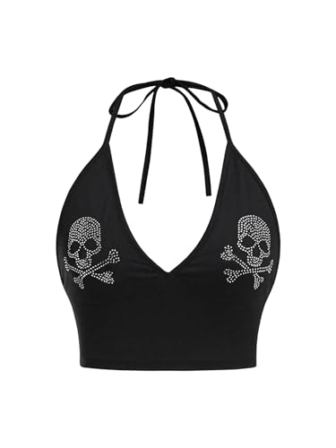 WDIRARA Women's Plus Size Contrast Sequin Fitted Y2K Halter Top Summer Skull Pattern Tie Backless Crop Tank Tops Black 2XL