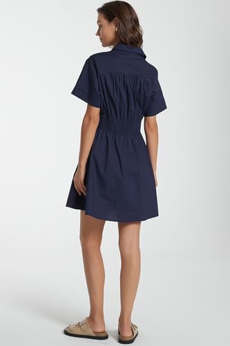 Image of D-Sun Women Casual Button Down Shirt Dress V-Neck Short Sleeve Tie Waist Mini Shirt A-Line Flowy Elegant Short Party Dress
