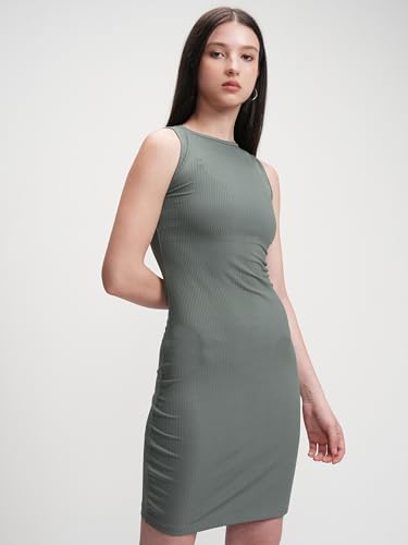 Image of Tokyo Talkies Women's Elegant Vertical Stripes Self-Design | Round Neck Sheath Dress | Ribbed Short Sleeves & Bodycon Fit for a Chic Look