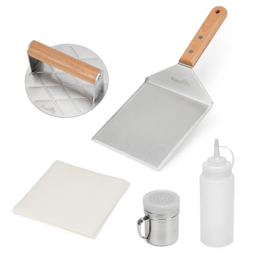 Stanbroil 5 Piece Smash Burger Press Kit for Flat Top Grill - Stainless Steel Grill Spatula and Burger Smasher, Spice Shaker, Squeeze Bottles and Patty Paper for BBQ Griddle Cooking