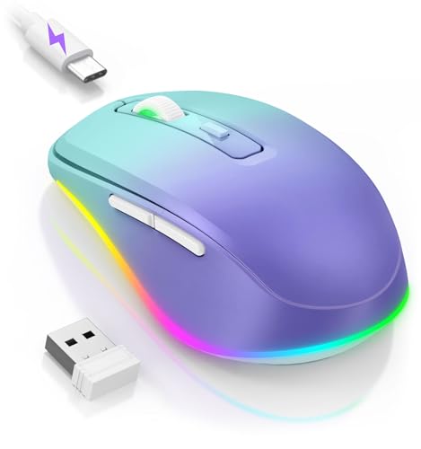 PEIOUS Wireless Mouse Jiggler - LED Wireless Mice with Build-in Mouse Jiggler Mover, Rechargeable Moving Mouse for Computer with Undetectable Random Movement Keeps Computer Awake - Gradient Purple