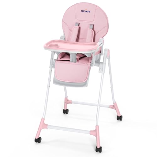 Image of SEJOY High Chair, 3-in-1 High Chairs for Babies and Toddlers, Five Point Seat Belt, with Detachable Wheels & Tray, Adjustable Height & Recline& Footrest Multifunctional Infant Highchair (Pink)