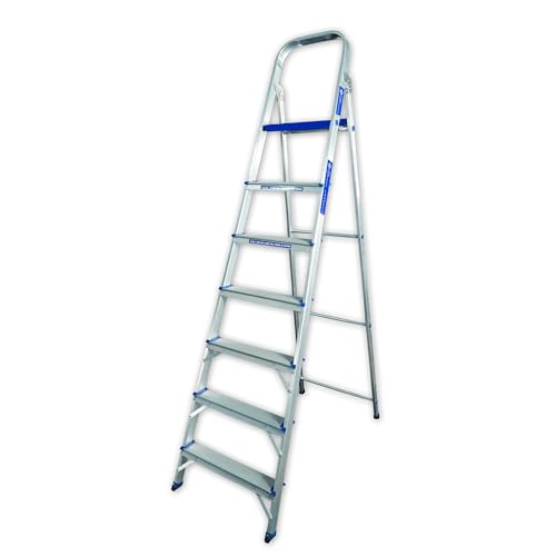 Image of Casa Copenhagen Designed in Denmark, 7-Step Foldable Aluminium Ladder Laser Cut with Super Advance Sure-Hinge Technology,7 Years Warranty - Blue