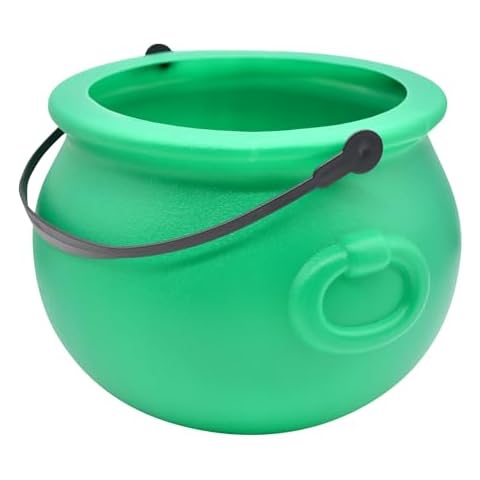8 Inch Plastic Green Cauldron Kettle for St. Patrick's Day and Halloween, Large Pot of Gold Bucket for Table Decorations, Centerpieces, Trick or Treat & St. Paddy's Party Supplies Cover