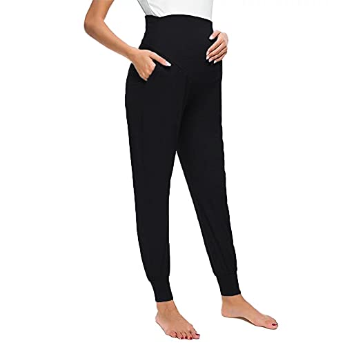 Zenicham Women's Maternity Pants Super Soft Jogger Sweatpants With Pockets Black #TOP2