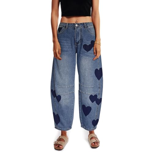 Barrel Jeans for Women Mid Rise Heart Printed Denim Ankle Pants Vintage Baggy Boyfriend Jeans