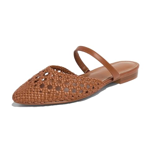 Image of Mesh Mules for Women Comfy Raffia Woven Strap Closed Pointed Toe Mule Flats Casual Slip on Dress Slides Flats