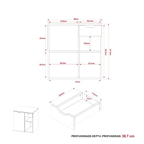 Balcão Gabinete Armário Suspenso 60 cm Sem Cuba 1 Porta 1 Gaveta Banheiro Marrom Madeira e Branco