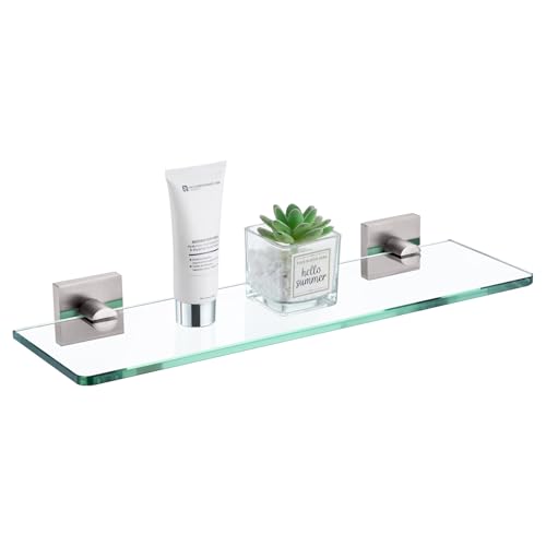 KOKOSIRI Glass Shelf for Bathrooms Wall Mount Floating Shelves 16-Inch for Shower Storage Kitchen Hanging Rack, Brushed Stainless Steel B1107BR-L16