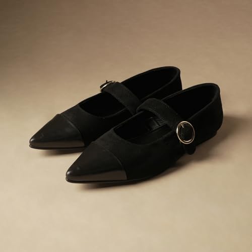 Image of Theater Hepburn Casual Ballet Flats for Women in Suede | Stylish Mary Jane Ballerina with Bow Detail | Lightweight Comfortable Footwear with Cushioned Insole