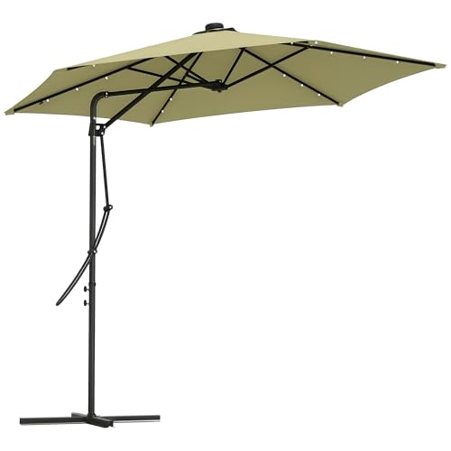 Outsunny 3(m) Cantilever Parasol with Solar LED and Easy Lever, Garden Parasol Umbrella with Cross Base and Waterproof Cover, Outdoor Sun Shades, Beige