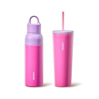 CAROTE 19 oz One-Click Open Insulated Water Bottle & 21 oz Tumblers with Lid and Straw, Double-Wall Insulated Stainless Steel, Leakproof Lid with Handle, Essential for Travel, School(Rose Pink)